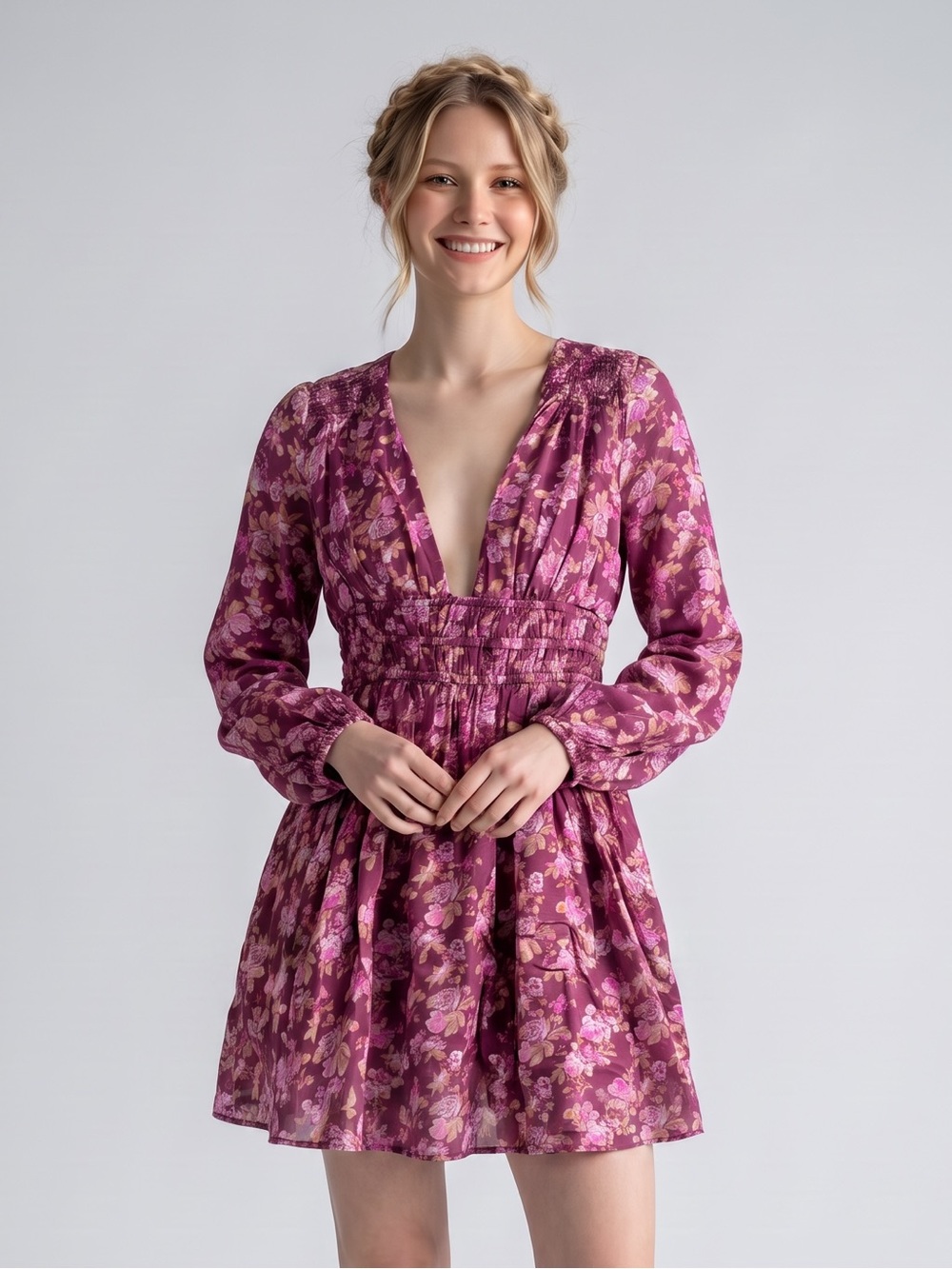 Free People Floral Mini Dress Smocked Waist Puff Sleeve Cottagecore